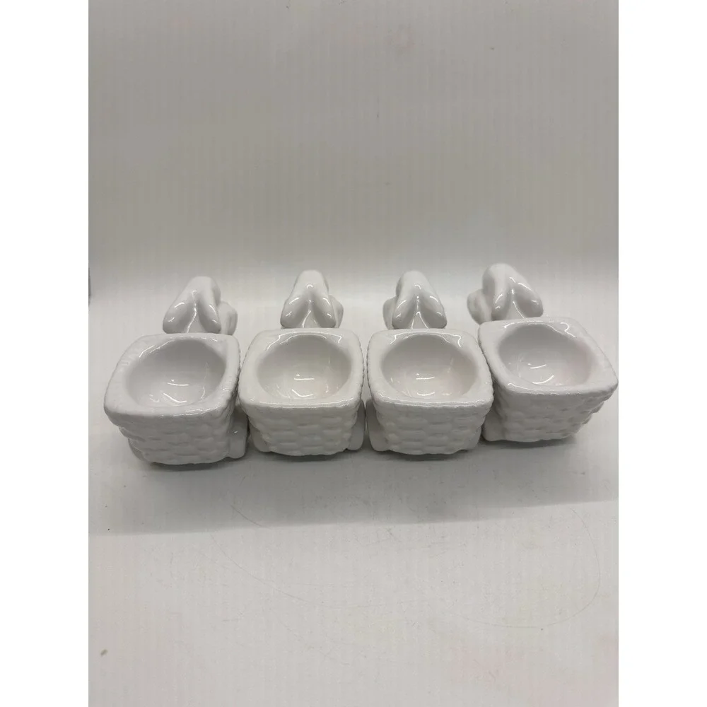 Pottery Barn Bunny Wagon‎ Egg Cups Set 4 White Ceramic Easter Holders
